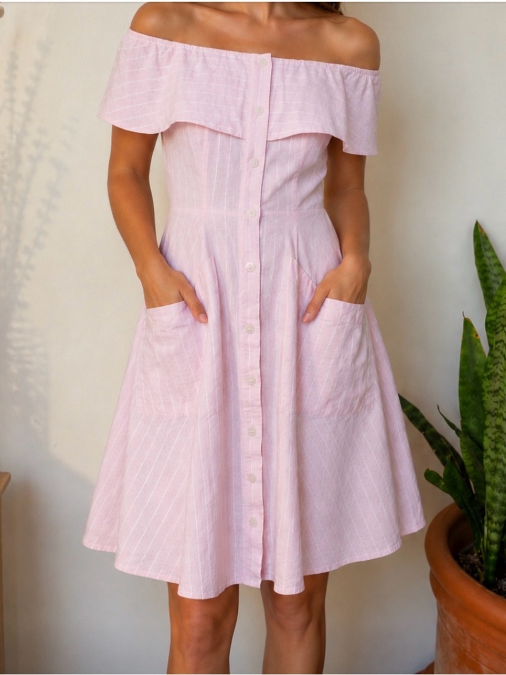 100% Linen Off-Shoulder Pink Button-Front Dress with Pockets Saks Fifth Avenue
